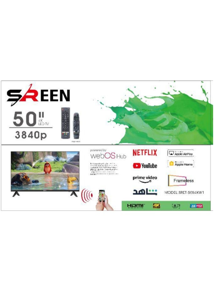 سرين شاشة SREEN ٥٠ بوصة سمارت ٤K UHD، فريملس، نظام webOS، دعم Netflix وYouTube وPrime Video، منافذ HDMI وUSB وWi-Fi، موديل SRET-50S4KW1 - Image 1